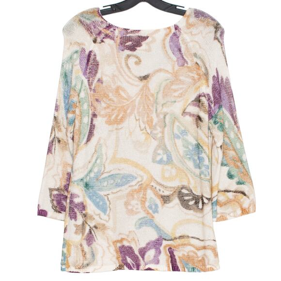 Chicos Womens Sweater 3/4 Sleeve Boho Retro Hippie Garden Art Folk 1 Medium 8 - Picture 2 of 5